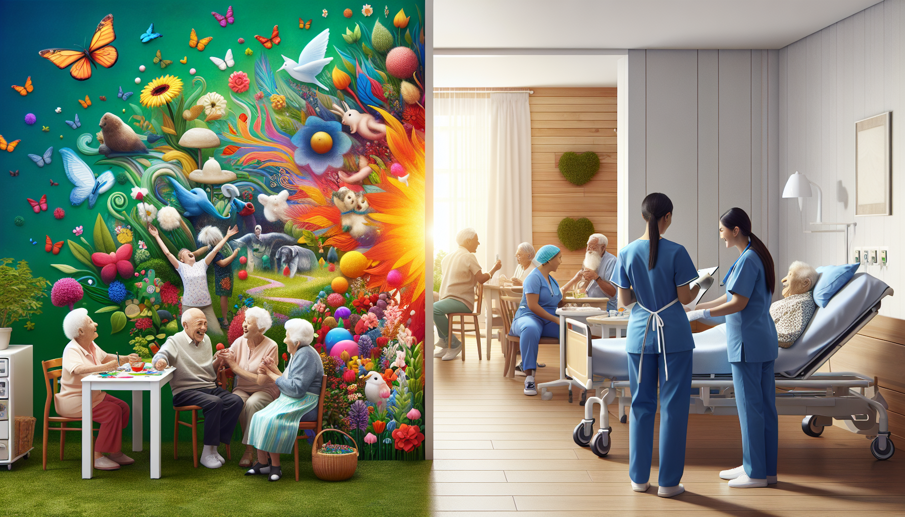 Split screen image, on the left an assisted living community, on the right, a nursing home