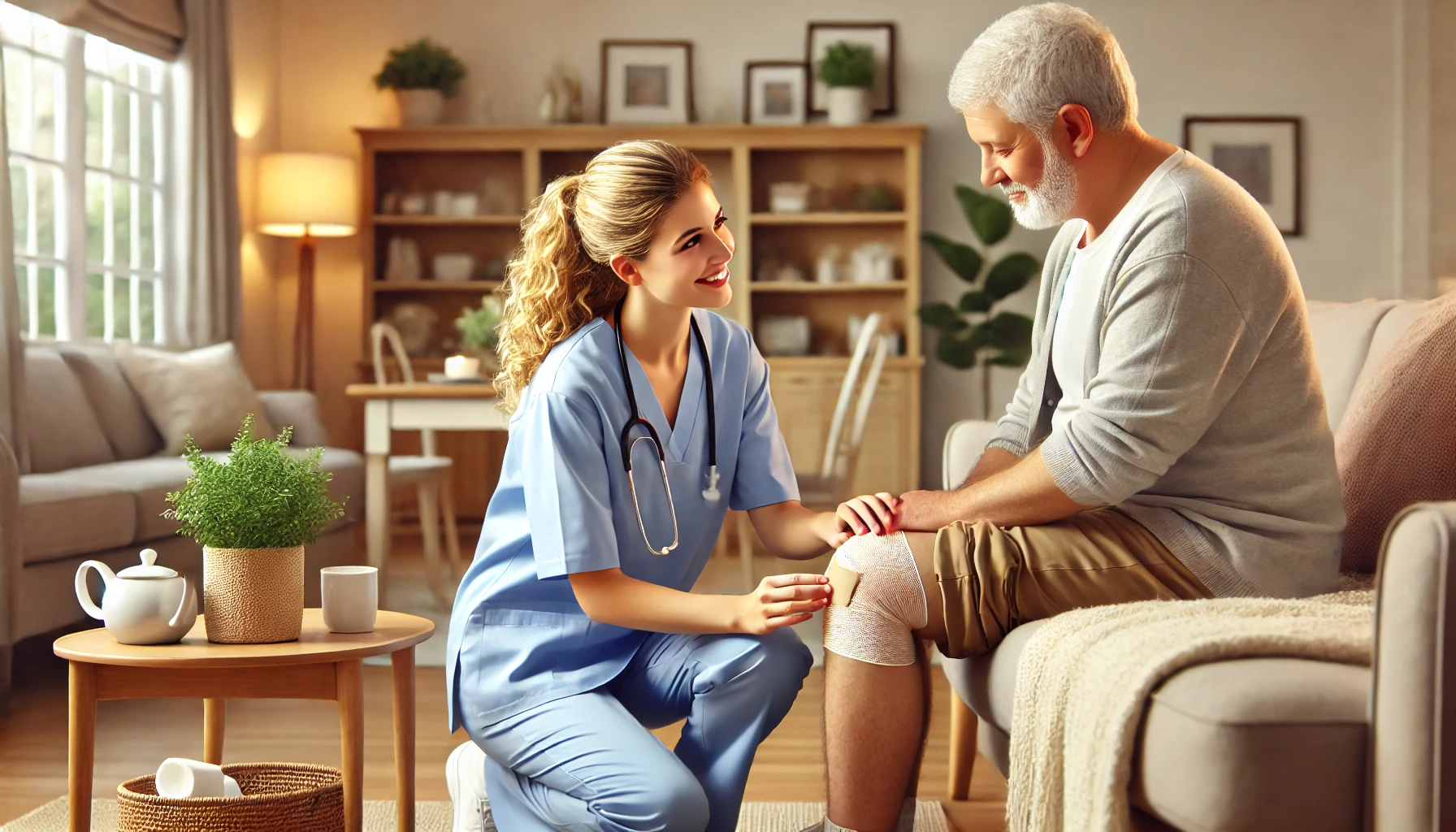 A CNA working with a patient in his home. The certified nurses assistant just redressed a bandage on the patient's right knee.