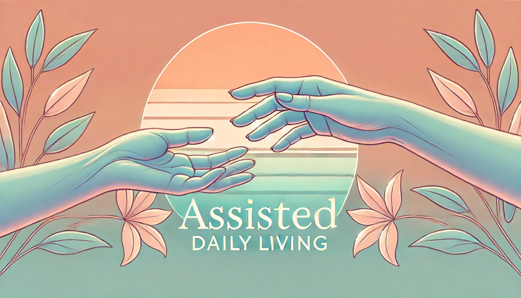 Two hands reaching for each other, one from the left side of the screen, the other from the right with a pastel sunrise in the background and the words "Assisted Daily Living" underneath.