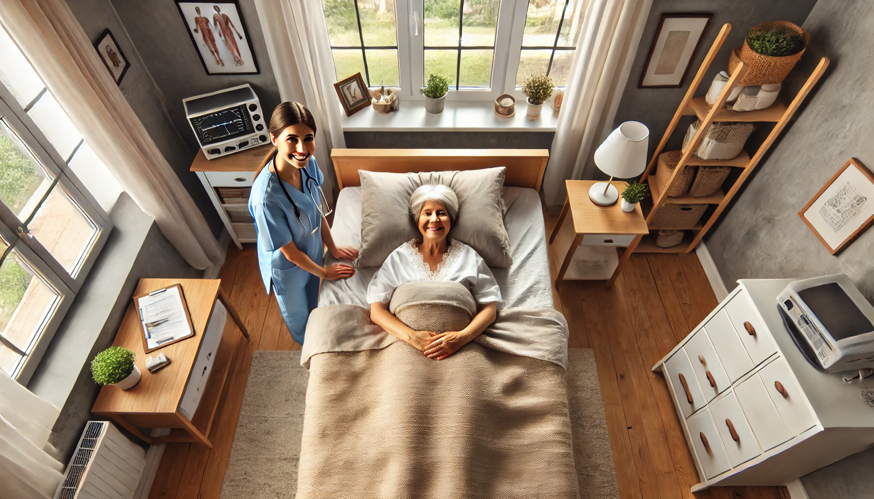 A patient laying in bed with their nurse standing to their side.