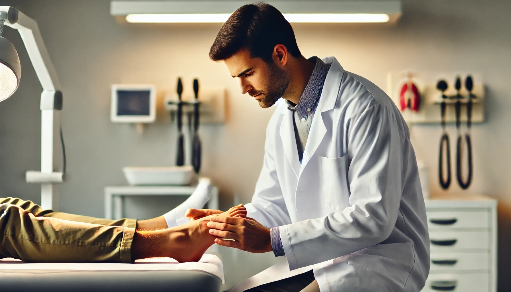 A doctor inspecting his patient's foot for diabetic foot ulcers.