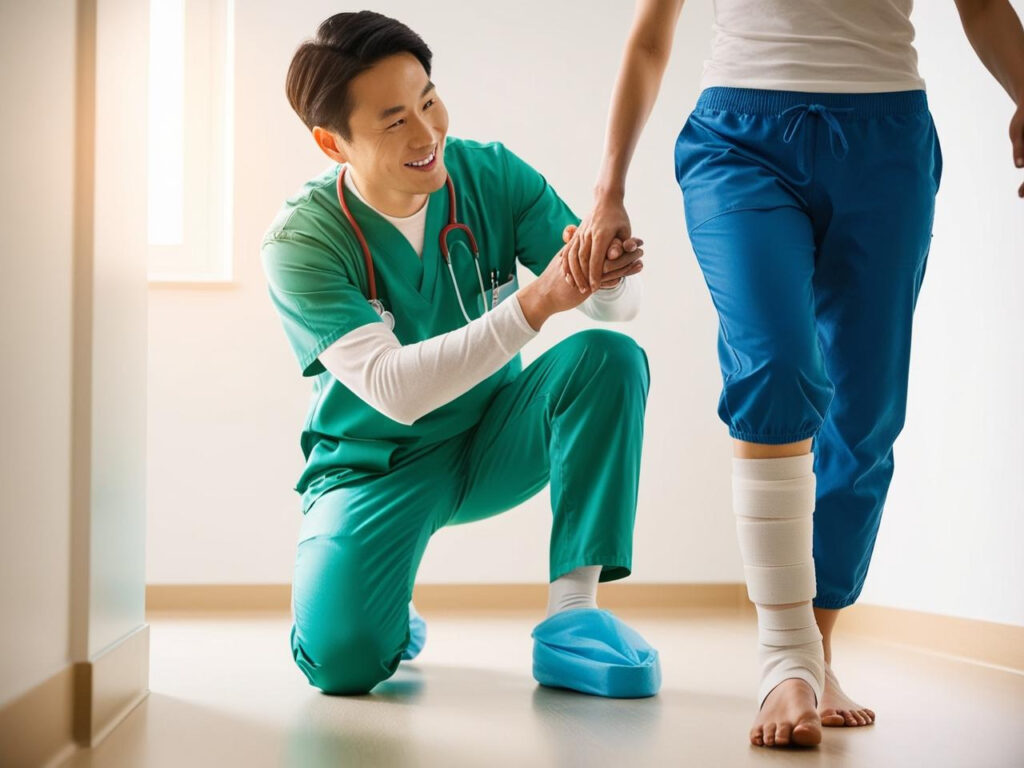 A doctor helping a patient walk after treating a neuropathic wound on their right lower leg.