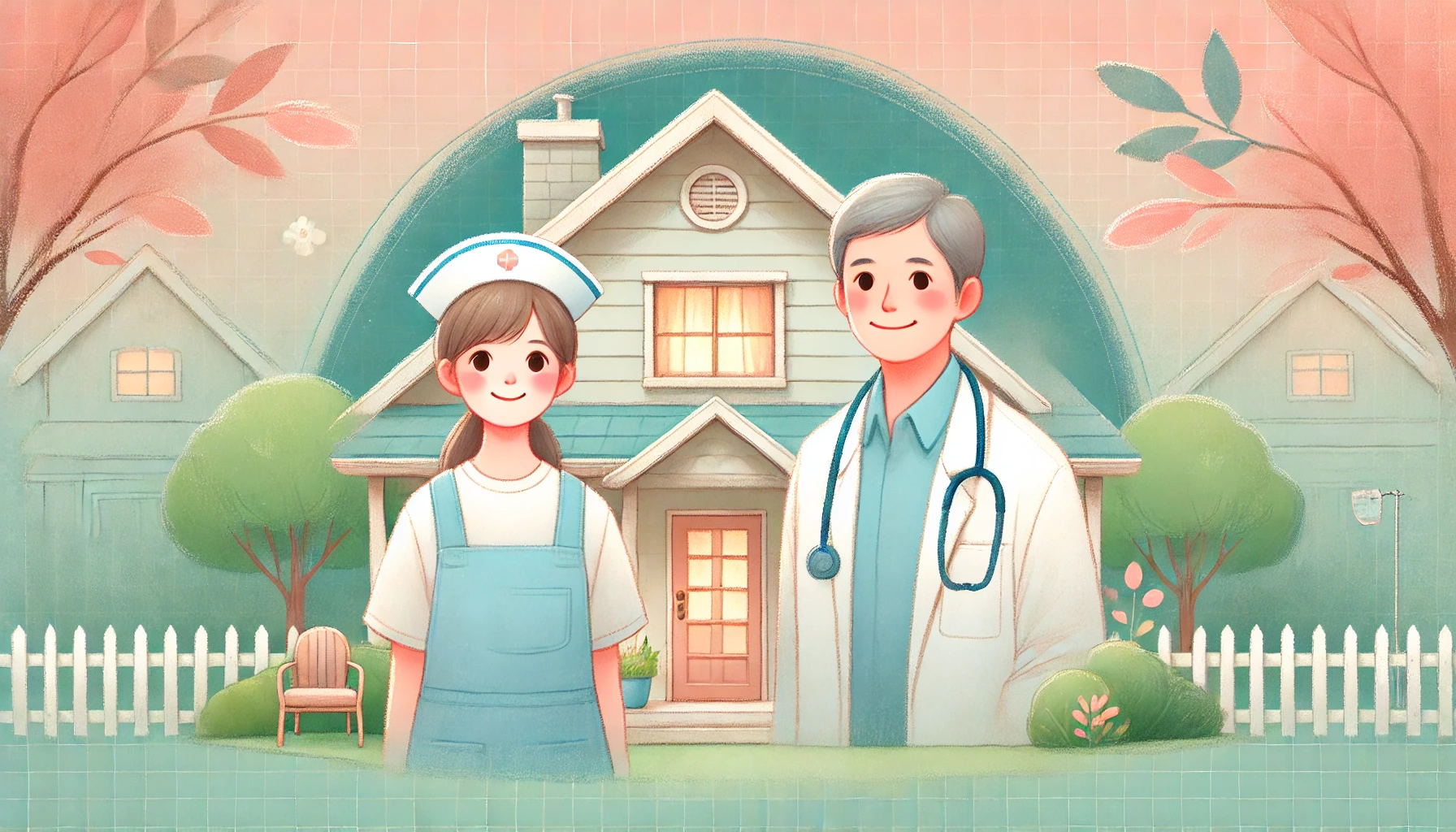 A nurse and doctor standing in front of a house.