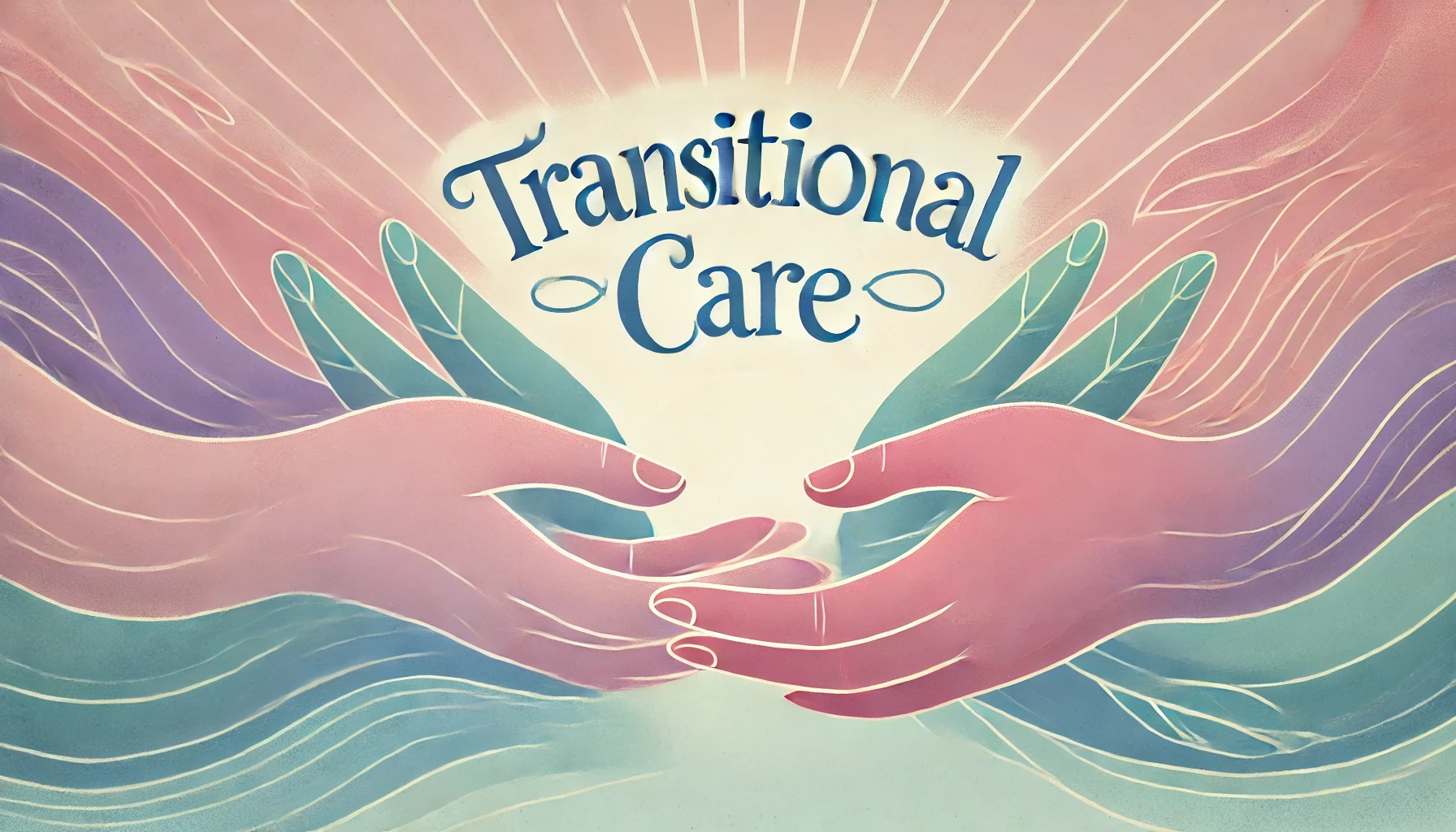 The words "Transitional Care" held by several hands in pastel colors.