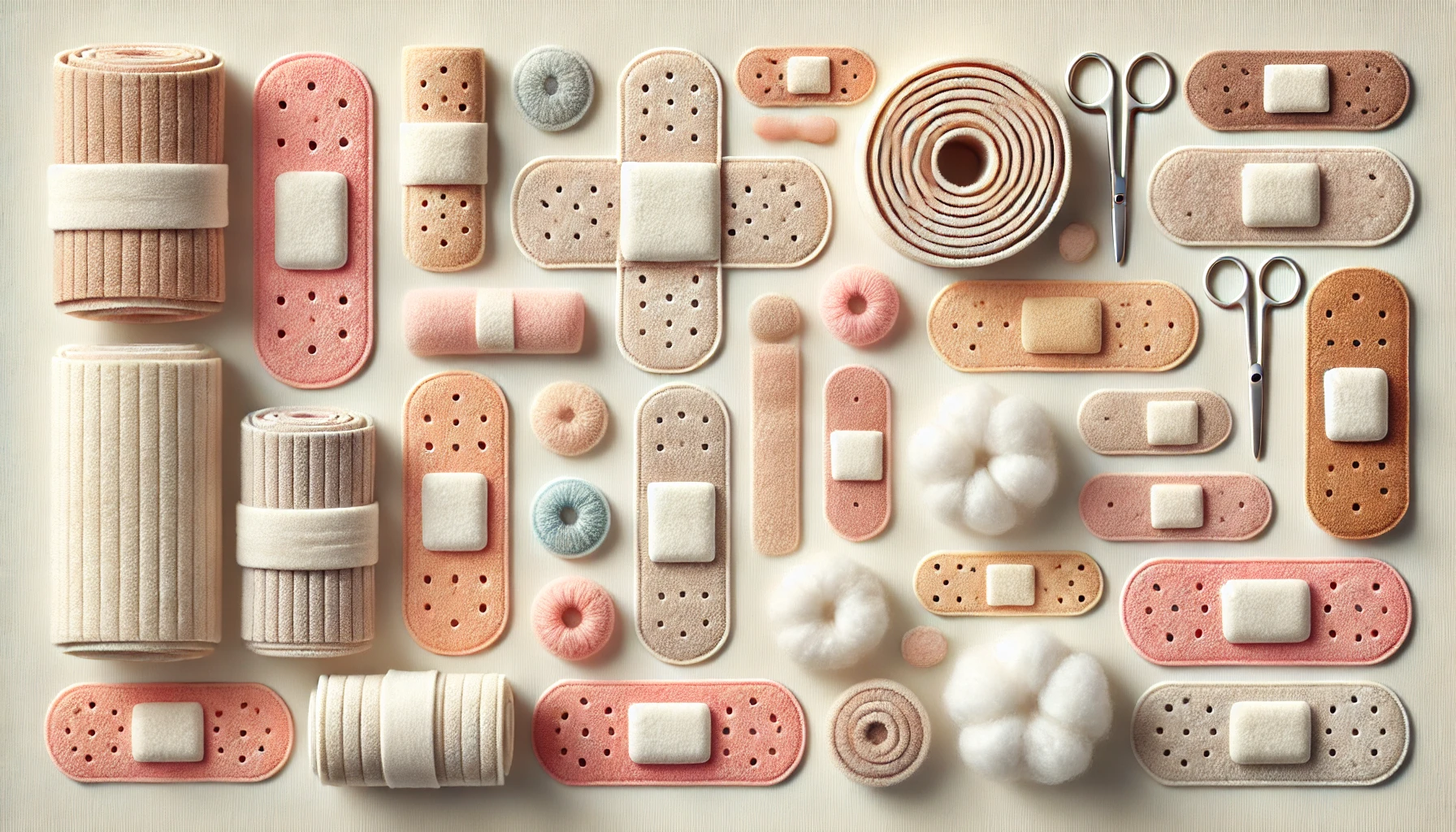 A collage of images like bandages, bandaids, cotton swabs, surgical scissors, and other wound care tools.