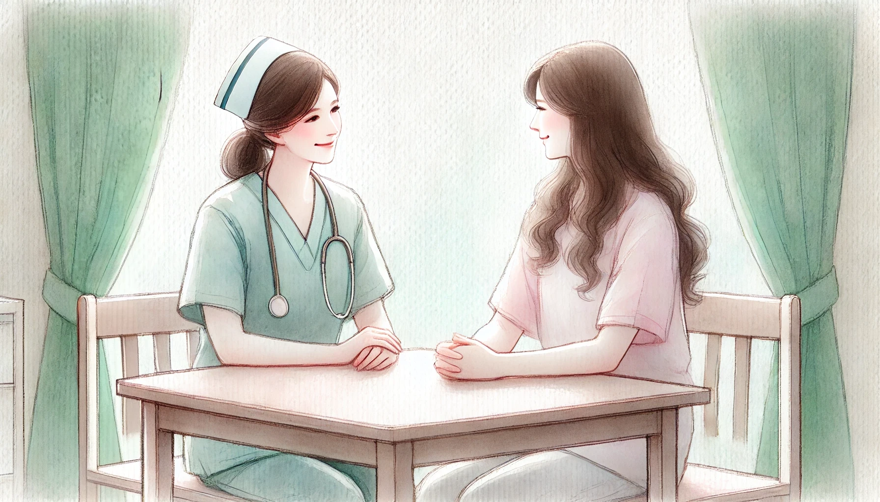 A nurse and her patient sitting at a table and speaking about venous stasis ulcers.