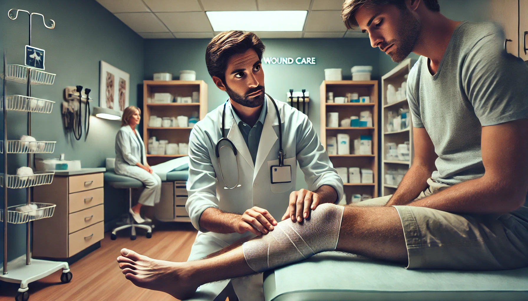 A doctor treating his patient's traumatic wound on their lower leg at Trinity Wound Care.