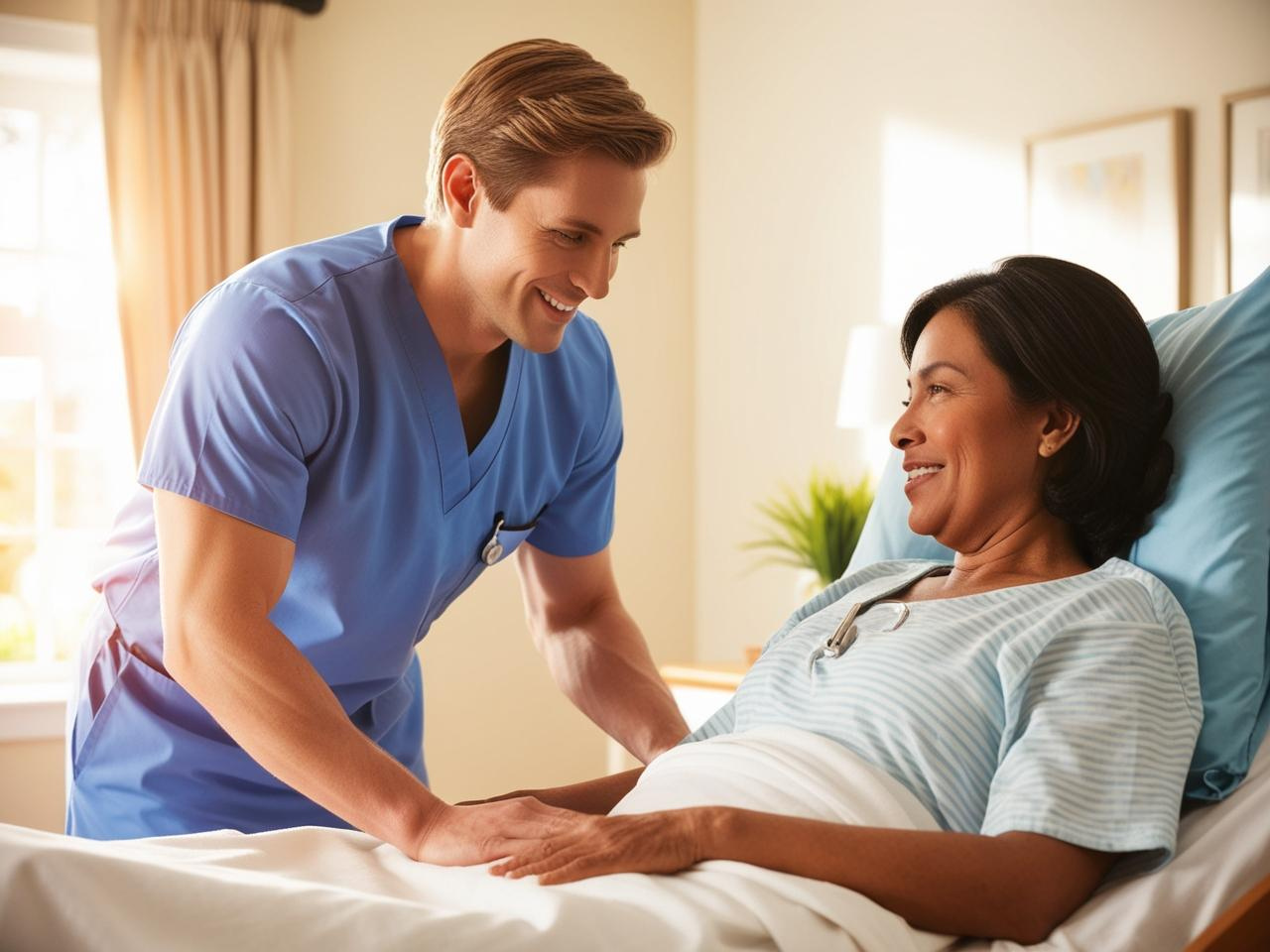 A nurse working with his patient in bed to help prevent pressure ulcers.