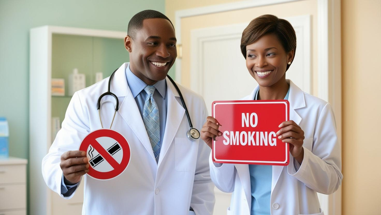 Two doctors holding up No Smoking signs.