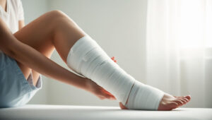 A wound care patient's bandaged lower leg