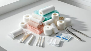 A pile of wound care items like bandages, wraps, bandaids, and cotton swabs.