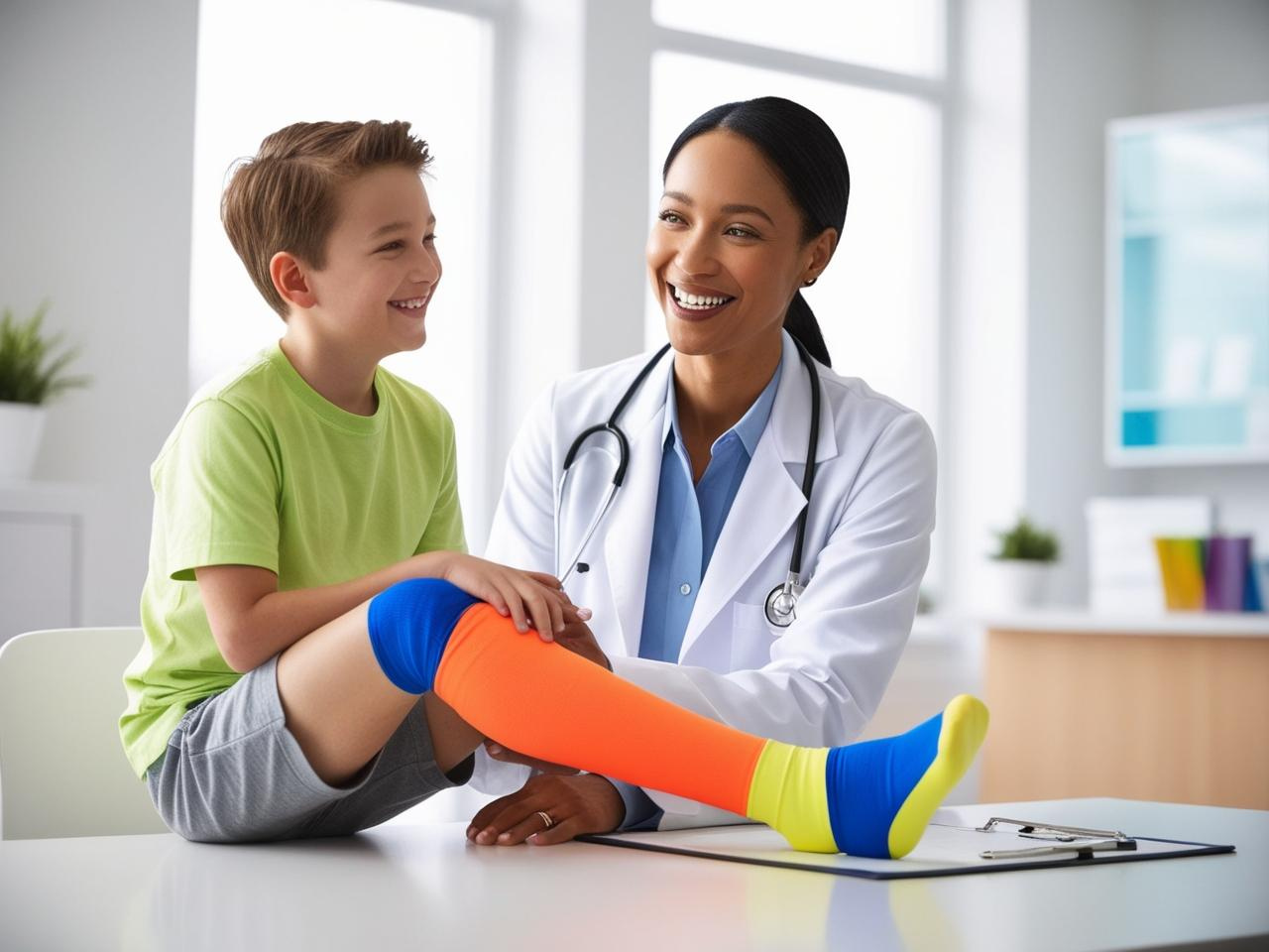 A wound care doctor treating a child patient with their lower leg injury.