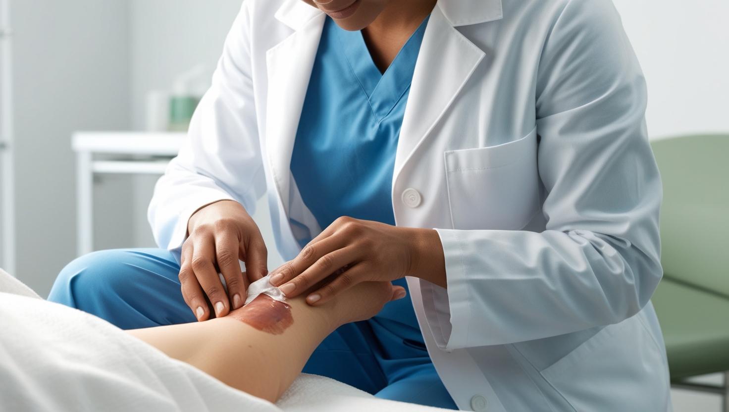 A professional providing wound care to a patient.