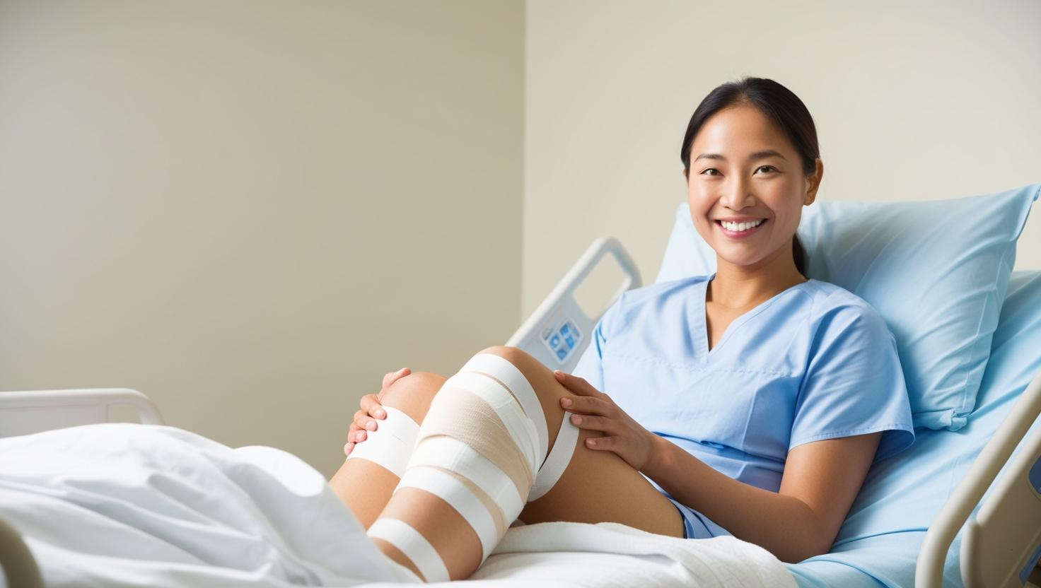 A surgery patient looking optimistic post surgery with a bandaged on their knee