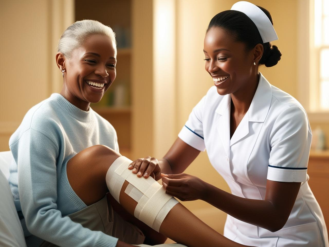 A nurse wrapping a bandage on a happy patient's leg