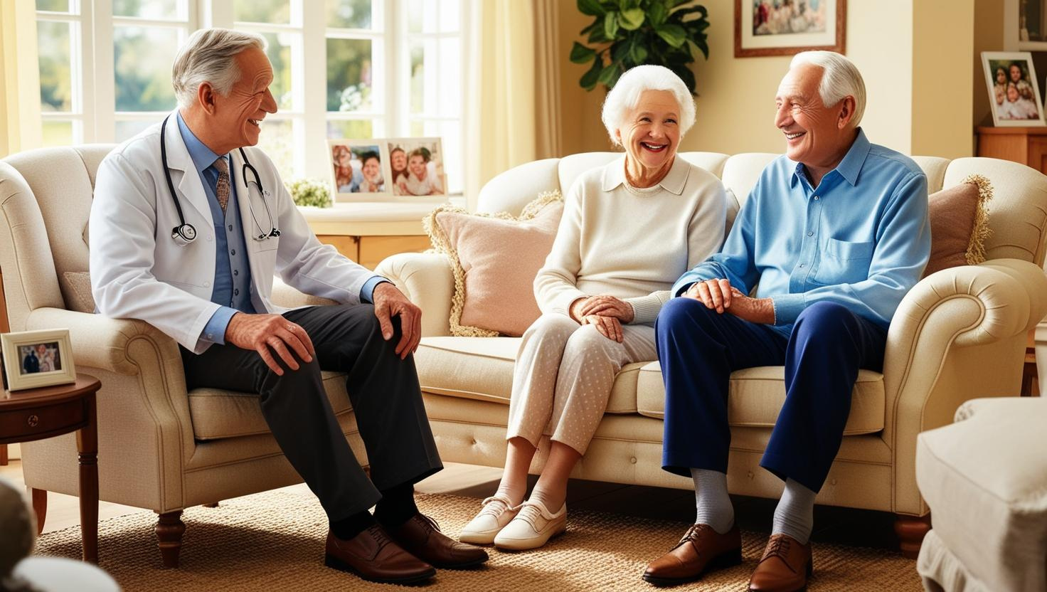 An elderly couple smiling and sitting in their living room talking to their doctor