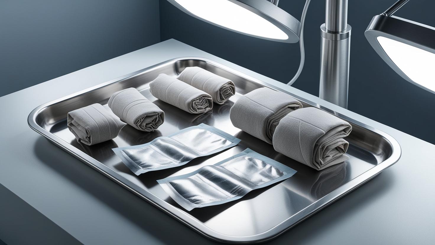 Cutting-edge wound care materials like amniotic membrane wraps and silver dressings displayed on a sterile tray in a medical office, minimalistic design, clean textures, cool color palette (blue, gray, white), clinical lighting