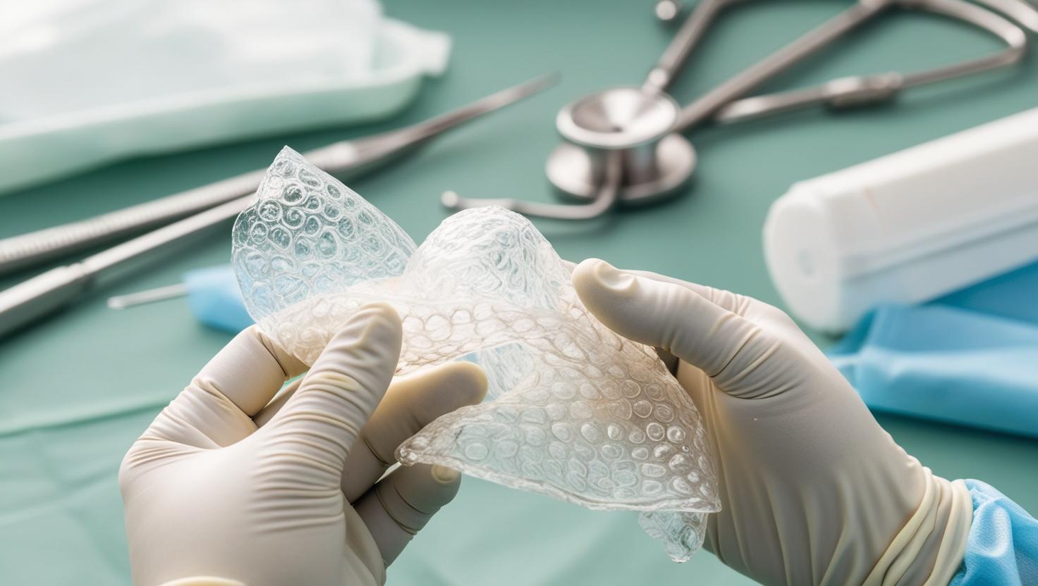 Detailed close-up of an amniotic membrane graft being prepared by gloved hands, showing texture and transparency, with a soft focus on lab tools in the background, professional and educational tone, neutral medical colors