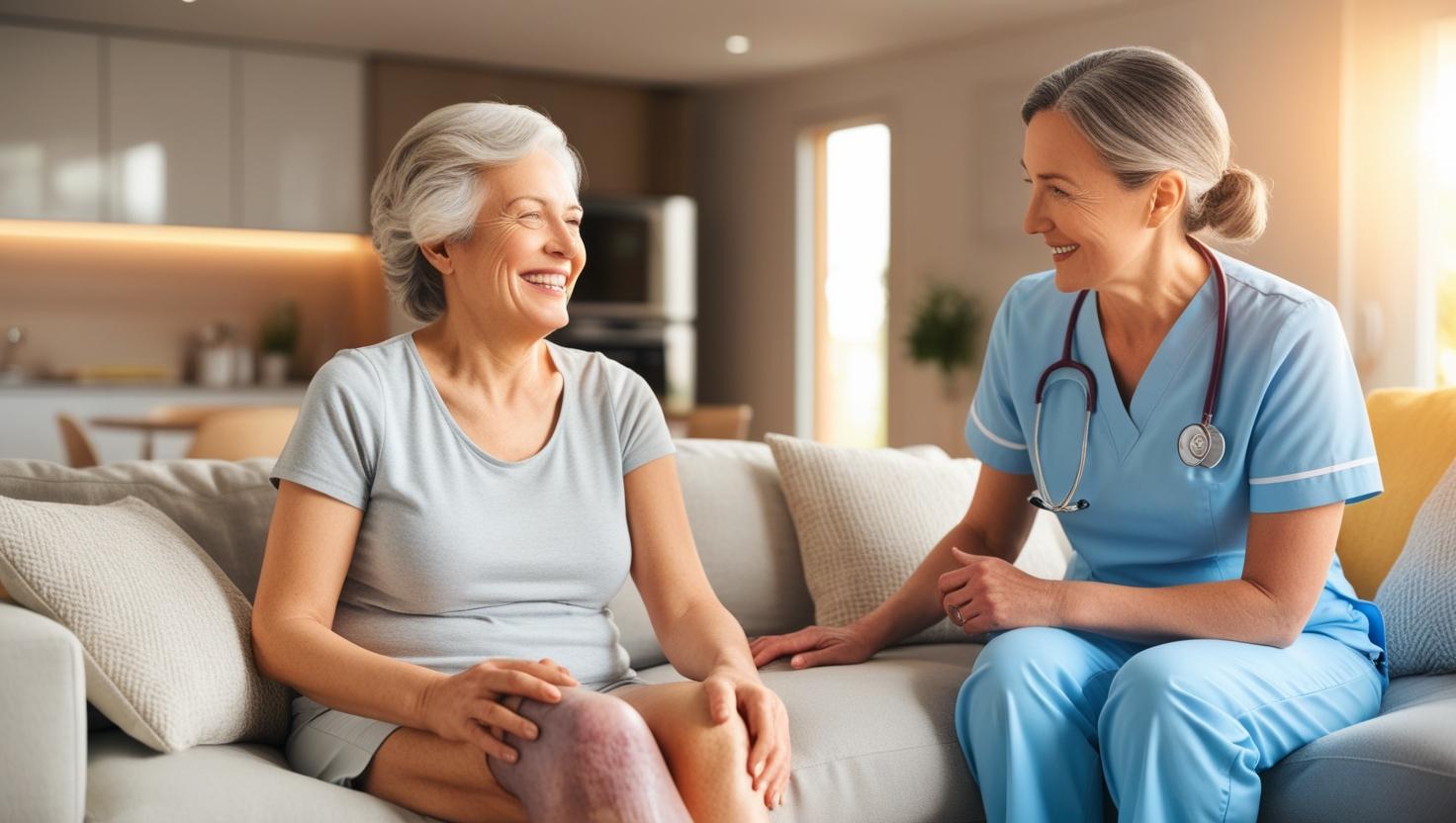Smiling middle-aged patient at home with a healing leg ulcer, speaking with a caring mobile wound care nurse, warm lighting, subtle background blur, symbolizing recovery, comfort, and modern home healthcare