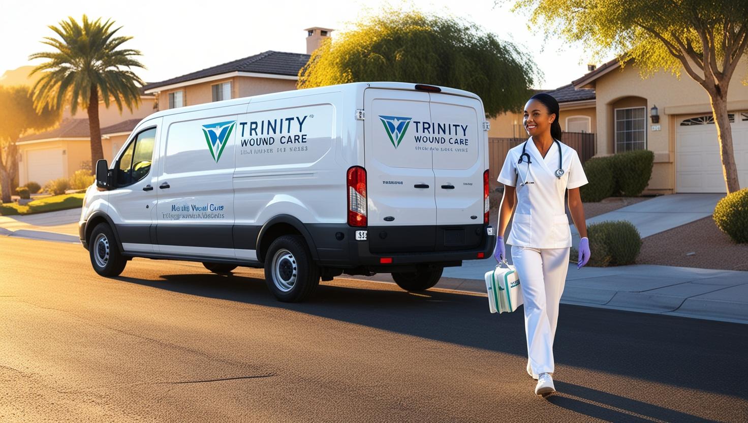 A clean, white mobile wound care van with the Trinity Wound Care logo prominently displayed on its side, parked on a quiet residential street in a sun-drenched Las Vegas neighborhood. A professional female nurse in a crisp, clean uniform, carrying a well-organized medical kit, walks towards a neat, single-family home under the warm glow of the rising sun. The scene is bathed in the soft, golden light of early morning, creating a trustworthy and reassuring atmosphere. 