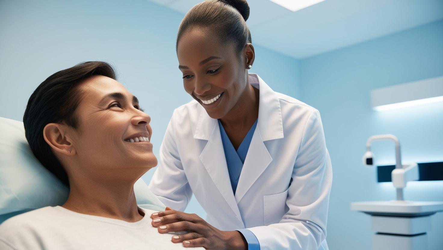Modern medical concept of advanced wound care – close-up of a nurse talking to her patient, soft natural lighting, clean clinical setting, hopeful patient expression, professional tone, futuristic but real medical tools, high-resolution, blue and white color scheme