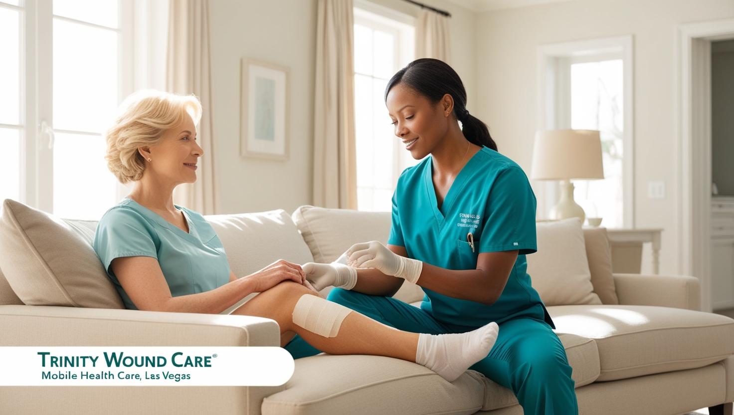 A compassionate female healthcare provider in teal medical scrubs, gently examining a bandaged wound on a patient's leg in a bright, clean living room. Warm, natural light streams through a large window, illuminating the scene. The patient is comfortably seated on a light beige sofa. The provider's expression is kind and reassuring, conveying trust and care. The room is tastefully decorated with muted colors and simple furnishings, reflecting a sense of calm and comfort. The overall tone is soft and professional, highlighting the personalized, mobile healthcare services offered by Trinity Wound Care in Las Vegas. The image should emphasize the human connection between provider and patient, reflecting the empathy and professionalism of Trinity Wound Care.