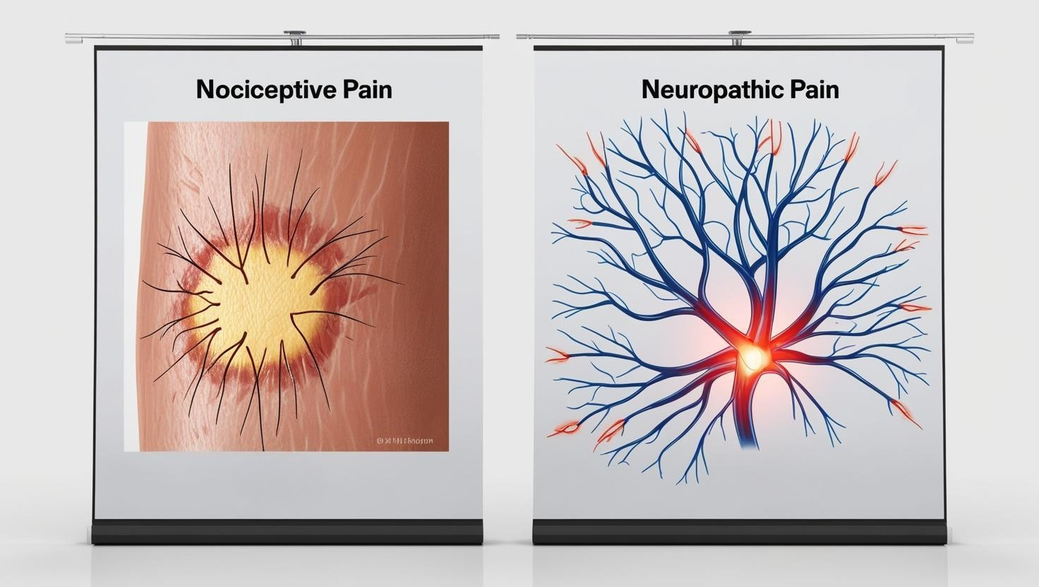 A split-screen medical illustration showing ‘nociceptive pain’ (highlighted wound area on skin) on one side and ‘neuropathic pain’ (glowing nerves in blue and red tones) on the other. 