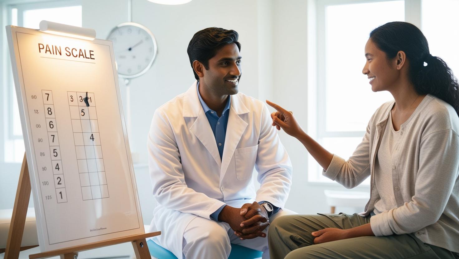 A doctor and patient discussing a pain scale chart, with the chart prominently visible. The setting is a modern clinic, with warm lighting to convey comfort. The patient is pointing at a number on the pain scale, showing engagement.
