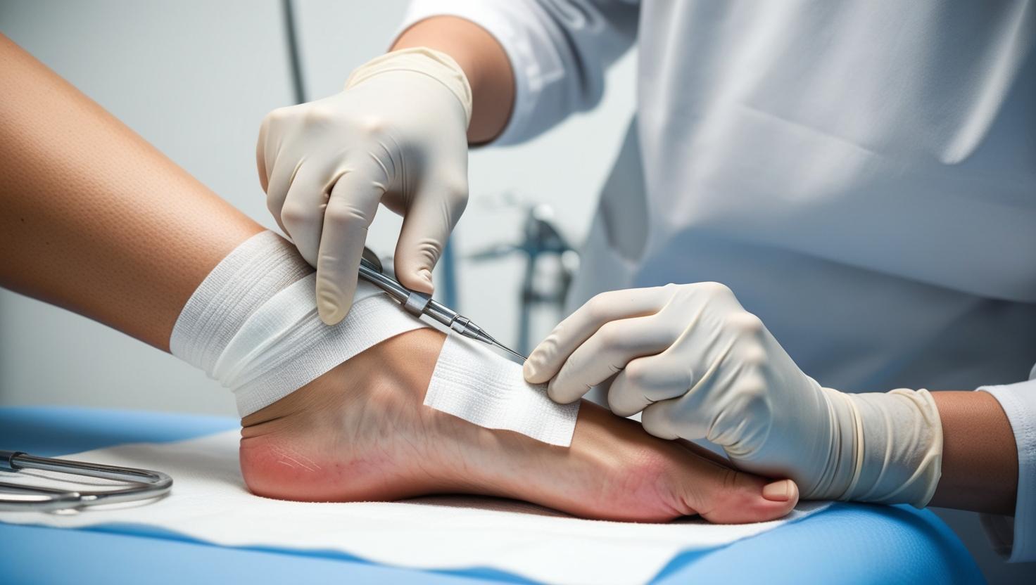 Close-up of a diabetic foot ulcer being dressed by a healthcare worker wearing gloves. The image focuses on the care and precision of the treatment, with clean, sterile equipment in view.