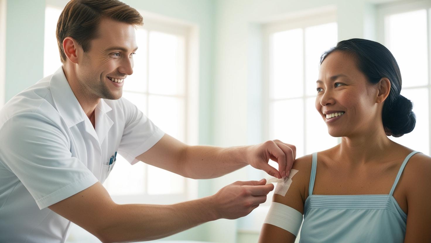 A nurse gently applying a dressing to a small wound on a patient’s arm, smiling and engaging with the patient to ensure comfort. 