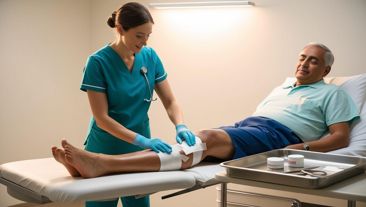 A compassionate nurse in scrubs gently tending to a patient's leg wound, in a bright, clean clinical setting.