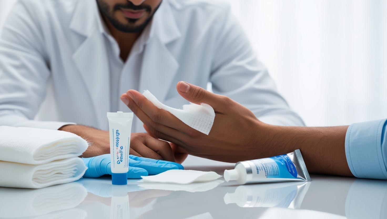 A close-up of a person gently cleaning a wound on their hand with a saline wipe. Include medical supplies like gauze, gloves, and ointment in the background. 