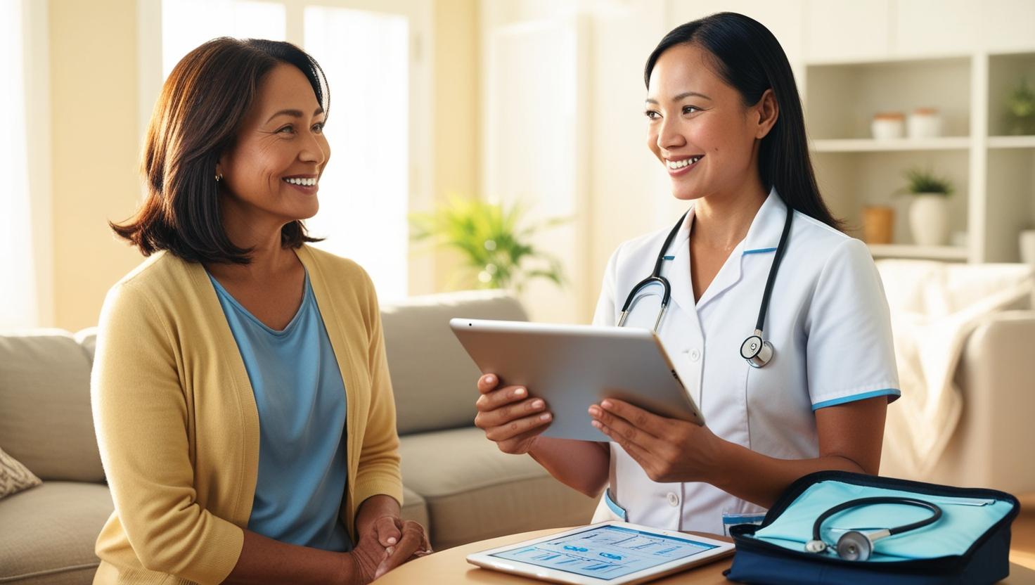 A Hispanic female patient, mid-40s with warm brown eyes and shoulder-length dark hair, smiles warmly at a Pacific Islander female nurse, early 30s with kind eyes and a gentle smile, in a bright, sunlit living room. The nurse holds a digital tablet displaying patient charts, and nearby is a neatly organized medical bag containing a stethoscope, blood pressure cuff, and other non-invasive medical tools. The scene is bathed in soft, natural light, conveying a professional yet comforting atmosphere focused on chronic care management within a home healthcare setting. The overall style is photorealistic, with warm, inviting colors and a shallow depth of field emphasizing the patient and nurse’s interaction.