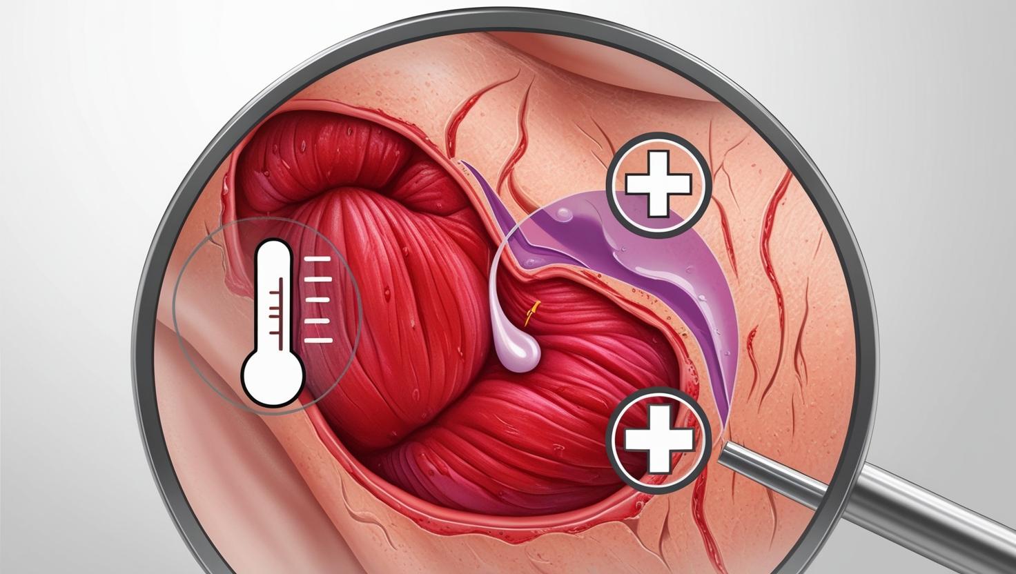 A magnified view of an infected wound showing redness and swelling, with an illustrated overlay of warning signs like a thermometer, pain icon, and discharge.
