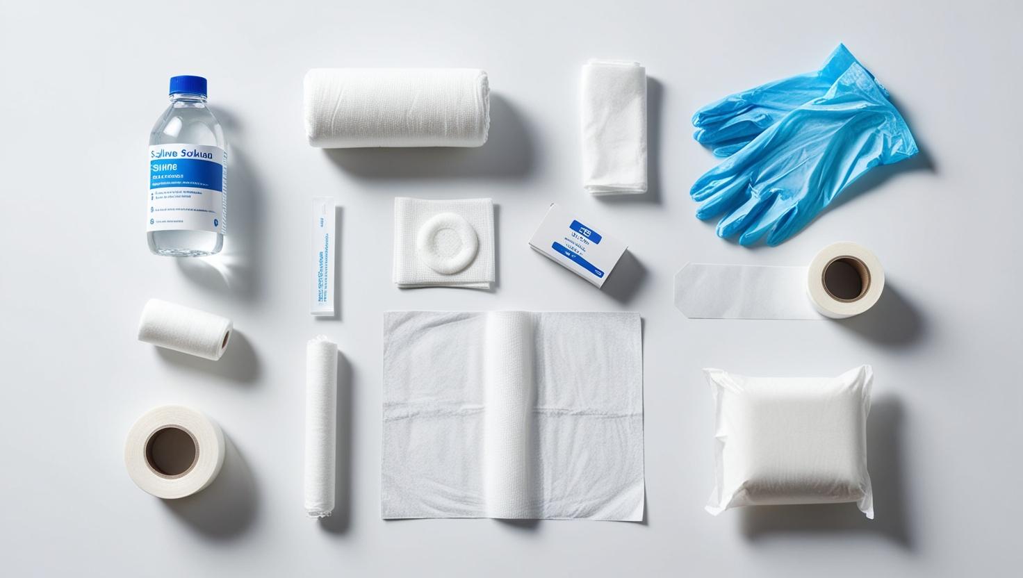 Step-by-step flat lay of wound care tools: saline, gauze, gloves, paper tape, and clean dressing. 