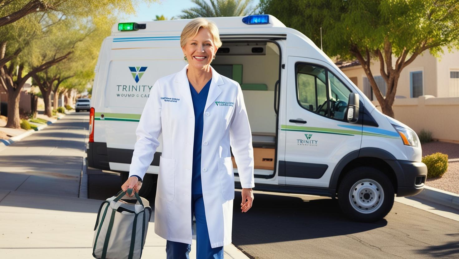 A nurse or healthcare provider from a mobile wound care team getting out of a medical van in a Las Vegas residential neighborhood. Professional, inviting, and community-focused tone.