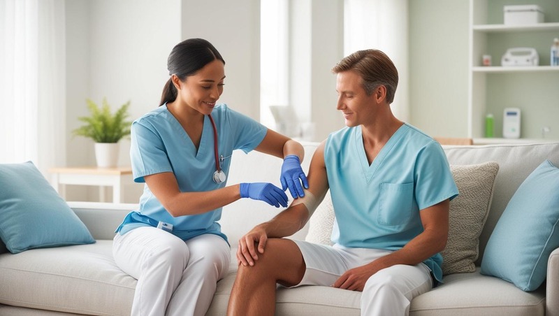 Close-up of a healthcare professional performing a wound assessment on a patient’s arm, using medical tools like a ruler and wound dressing supplies. 