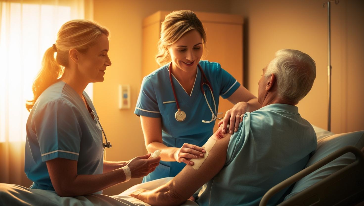 A nurse comforting a patient who is experiencing wound pain, possibly offering medication or explaining pain relief techniques.