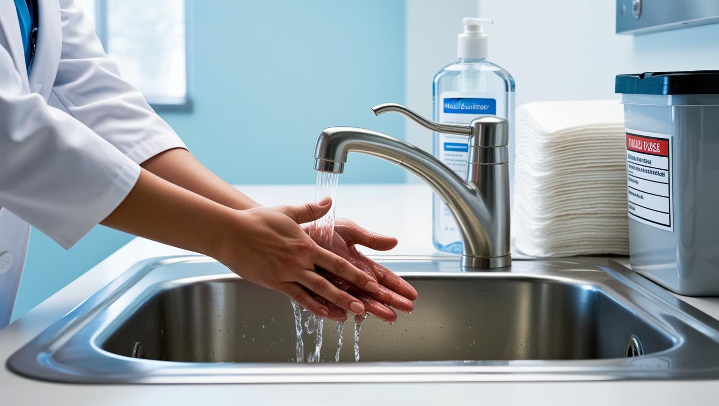 Visualize a healthcare worker, wearing a crisp white coat, meticulously washing their hands at a stainless steel sink. The water is clear and runs over their hands, emphasizing the thoroughness of the process. In the background, a partially visible bottle of hand sanitizer, a neatly stacked pile of sterile gauze pads, and a clearly labeled medical waste container are visible, contributing to the overall sense of cleanliness. The image should be sharply focused, with cool, clinical tones of white, pale blue, and stainless steel dominating the palette, creating a visually appealing and hygienic scene.
