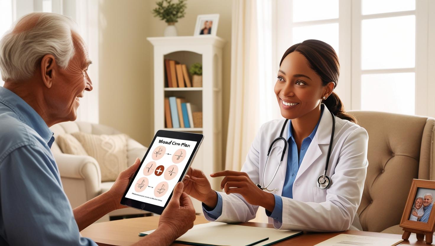 A compassionate female doctor, mid-30s, with warm brown eyes, educating a smiling elderly male patient in a brightly lit, cozy home office. The doctor uses a tablet displaying a clear, concise wound care plan, illustrated with simple, easy-to-understand diagrams. Soft, natural light streams through a nearby window, illuminating comfortable furnishings like a plush armchair and a small, neatly organized bookshelf. The overall aesthetic is warm, inviting, and professional, employing a realistic style with a focus on natural skin tones and textures, creating a visually appealing and empathetic scene. The framing should emphasize the collaborative interaction, with both individuals engaging equally in the conversation. The image should incorporate homey elements such as a family photograph on the desk, subtly suggesting a personal connection.