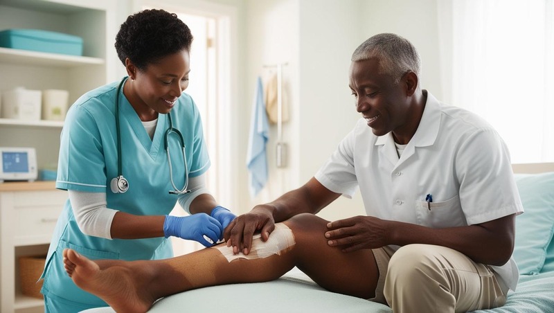 A compassionate healthcare provider (nurse or doctor) examining or dressing a patient’s leg wound in a home setting.