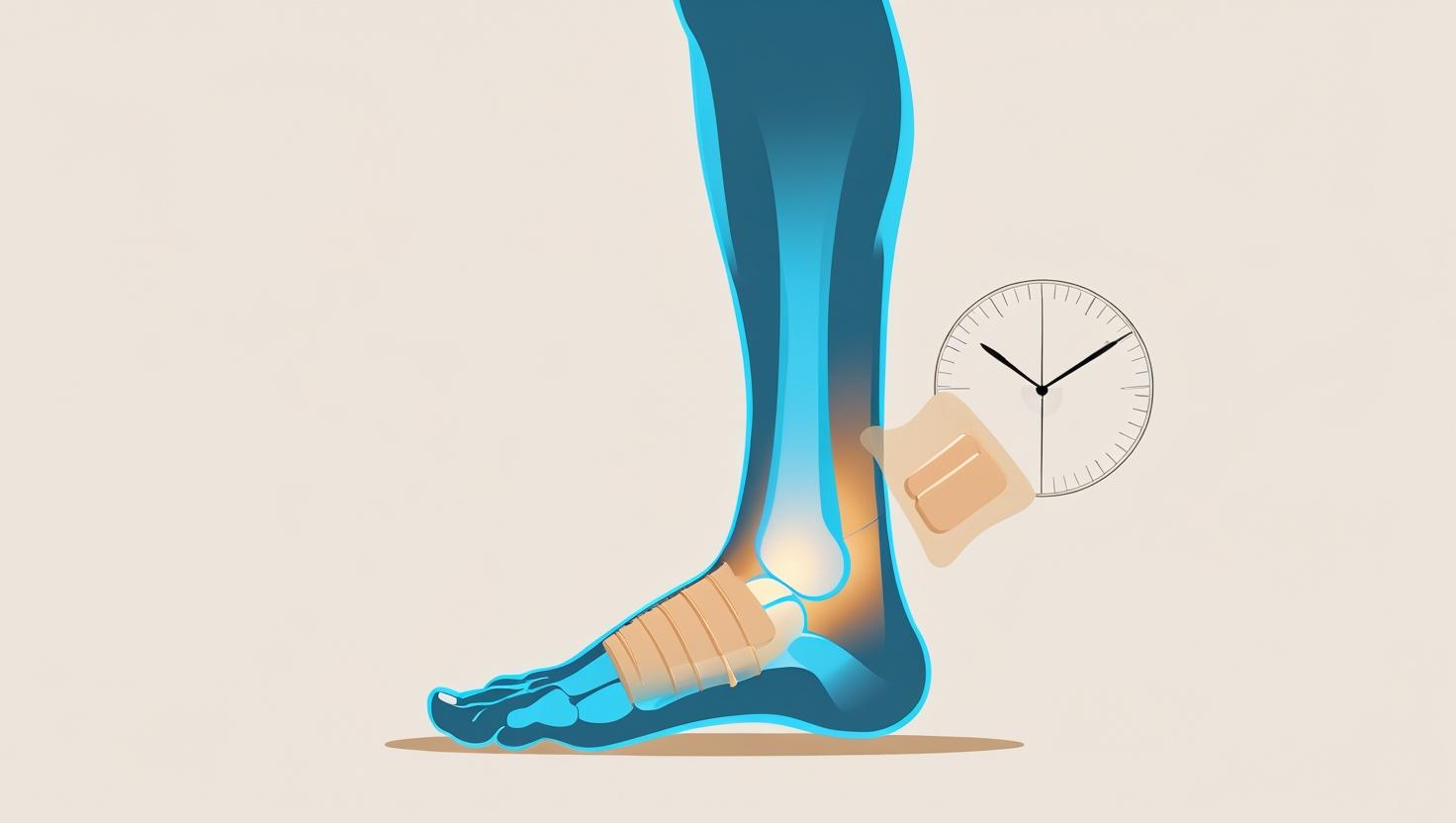 An abstract medical illustration depicting a human leg, focusing on the ankle and foot areas with highlighted sections in soft blue and beige gradients to symbolize poor circulation. Subtle, clean, modern icons—a warning triangle, a clock indicating time sensitivity, and a healing bandage—are subtly integrated. The design emphasizes a clean, clinical aesthetic on a light background, avoiding graphic details. The overall style is minimalist and non-graphic.