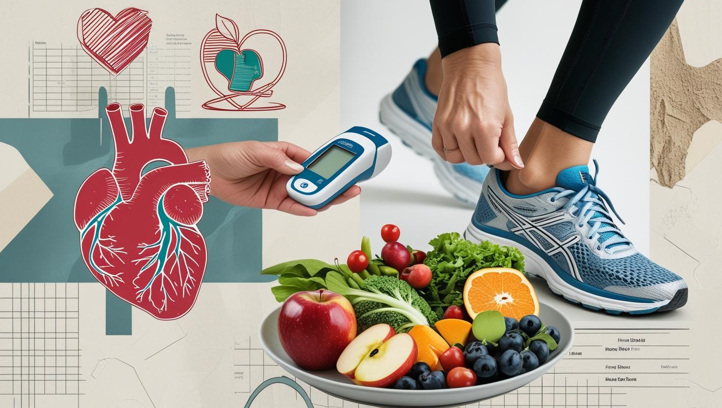 Collage-style image on a clean, well-lit clinical background featuring a detailed depiction of an overweight person checking their blood sugar using a digital glucometer, a plate of fresh, healthy food including colorful vegetables and fruits, and a person tying their running shoes in preparation for exercise. The collage elements are arranged thoughtfully, with a textured overlay incorporating delicate medical-themed line art of a heart, a foot, an apple, and a checklist. The overall aesthetic is one of hope and healthy lifestyle choices.