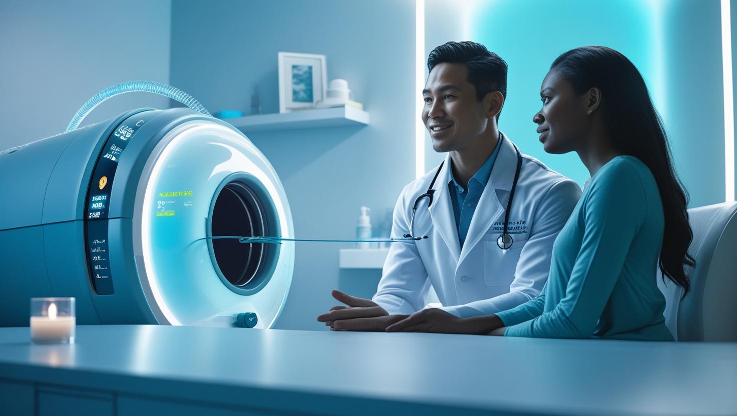 A modern, minimalist clinic room bathed in cool, blue-toned lighting features a sleek hyperbaric oxygen chamber and a futuristic vacuum therapy device. A Pacific Islander male doctor, wearing a crisp white coat, sits attentively beside an African American female patient, explaining treatment options with a friendly and professional demeanor. A digital health HUD-style overlay subtly displays vital signs and treatment data. The scene is framed in a medium shot, emphasizing the doctor-patient interaction.