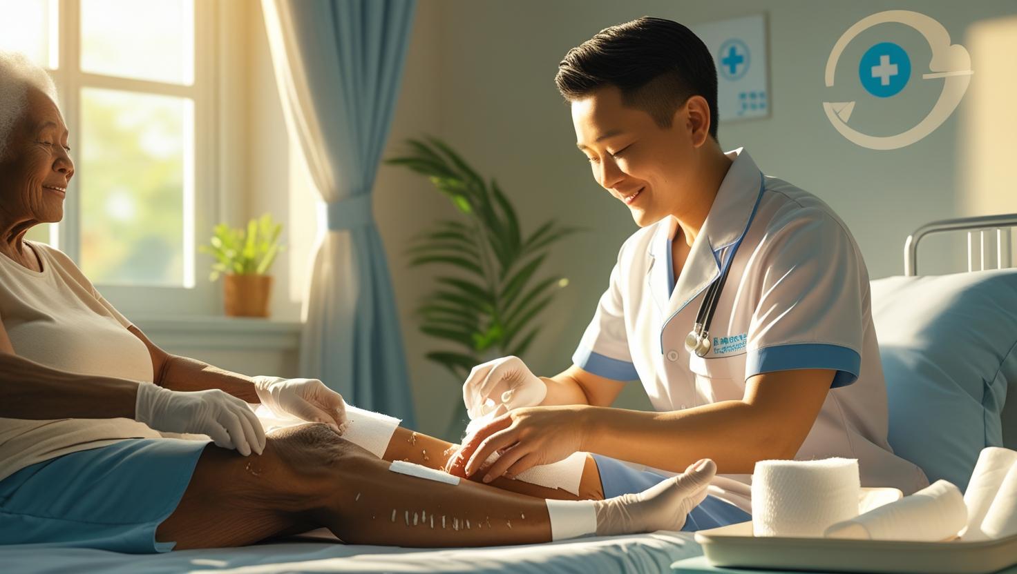 A compassionate Chinese male mobile healthcare nurse with kind eyes and a gentle smile attends to an elderly African American female patient's leg wound. The patient is comfortably seated in a well-lit, clean home setting, bathed in warm, natural sunlight streaming through a nearby window. The nurse's hands are carefully cleaning and bandaging the wound; sterile gauze and medical gloves are neatly arranged on a nearby tray. Subtle, modern healthcare icons are subtly incorporated into the background, perhaps on a nearby wall. The overall mood is one of hopeful professionalism, characterized by soft, warm lighting and subtle shadows. The scene emphasizes the care and compassion of the nurse and the trust between him and his patient.