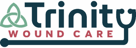 Trinity Wound Care logo in Navy, Red, and Green,